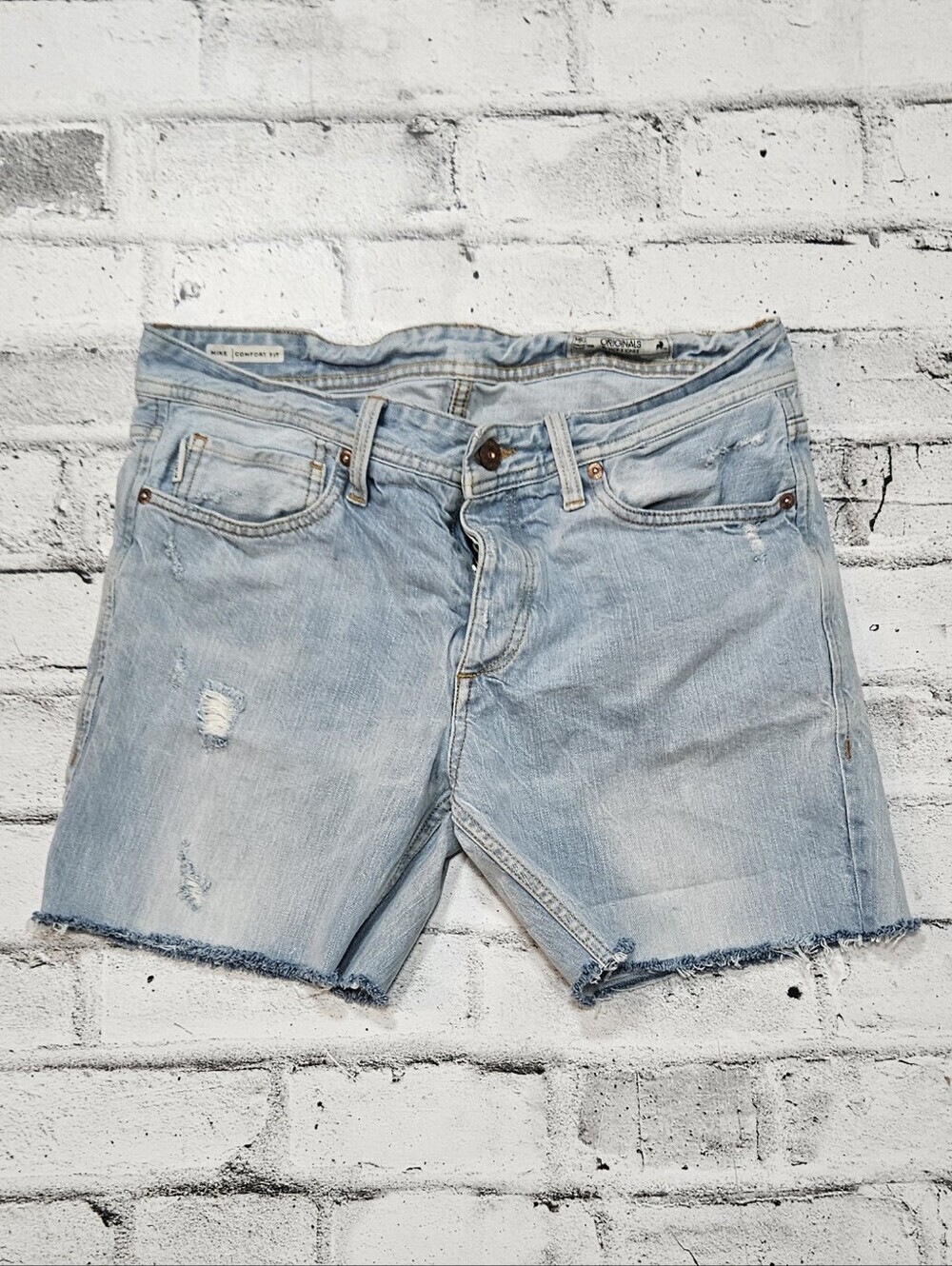 Jack & Jones Originals Distressed Denim Shorts Light Wash Mens 30